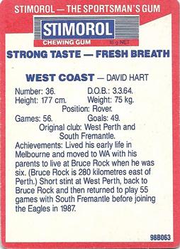1990 AFL Scanlens Stimorol #124 David Hart Back